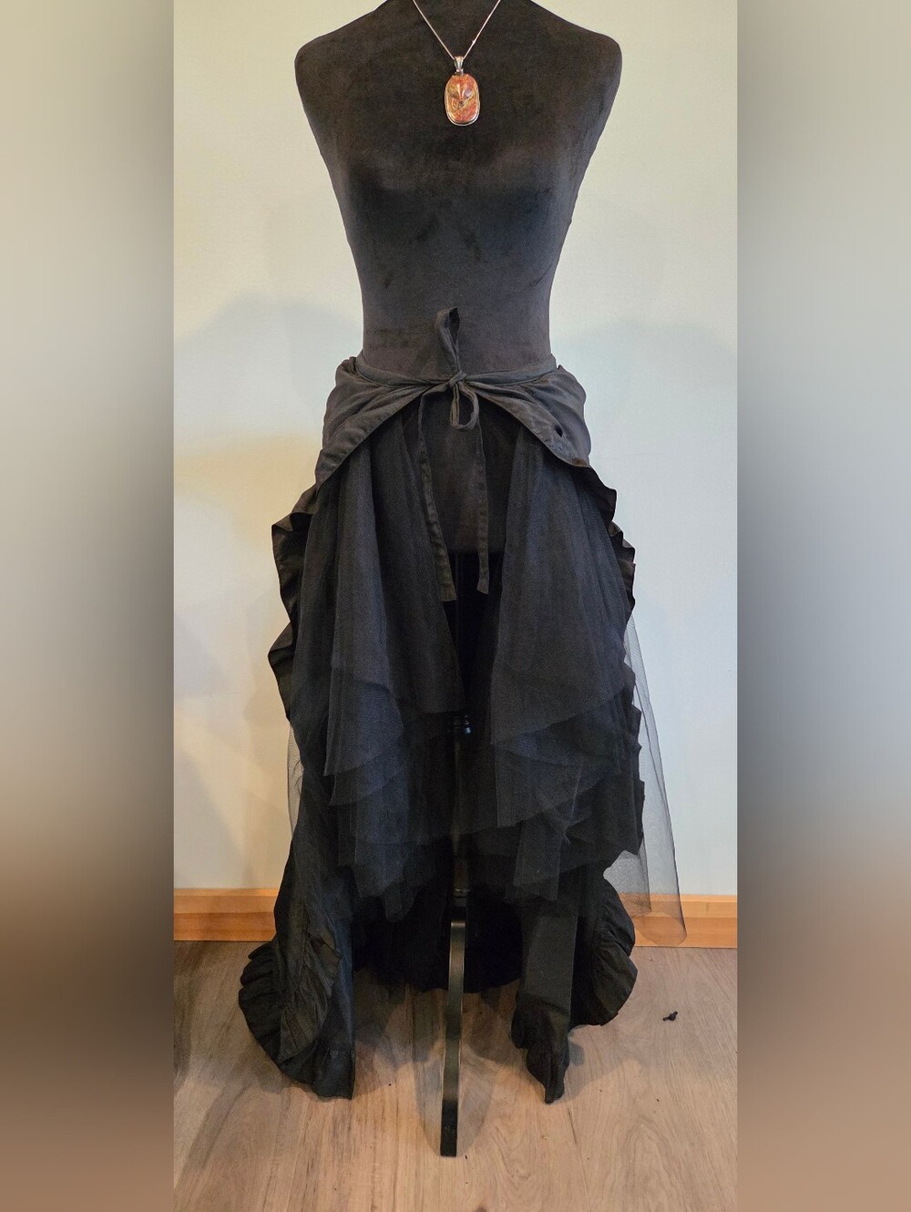 Black Layered Tulle High-Low Skirt with Tie Waist